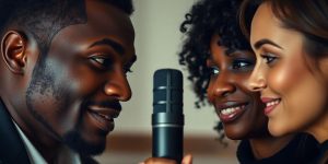 Vedete intervievate, fețe expresive, microfon, lumini calde, studio elegant.