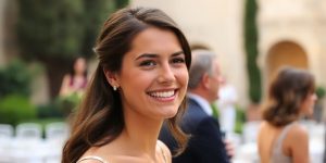 Willow Stefanovic, rochie elegantă, zâmbește la o nuntă italiană.