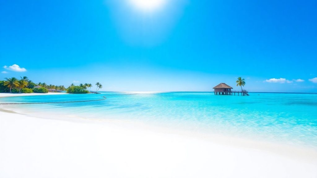 Destinații exotice preferate pentru vacanțele de lux 1 Plajă exotică cu apă turcoaz și bungalow pe apă.